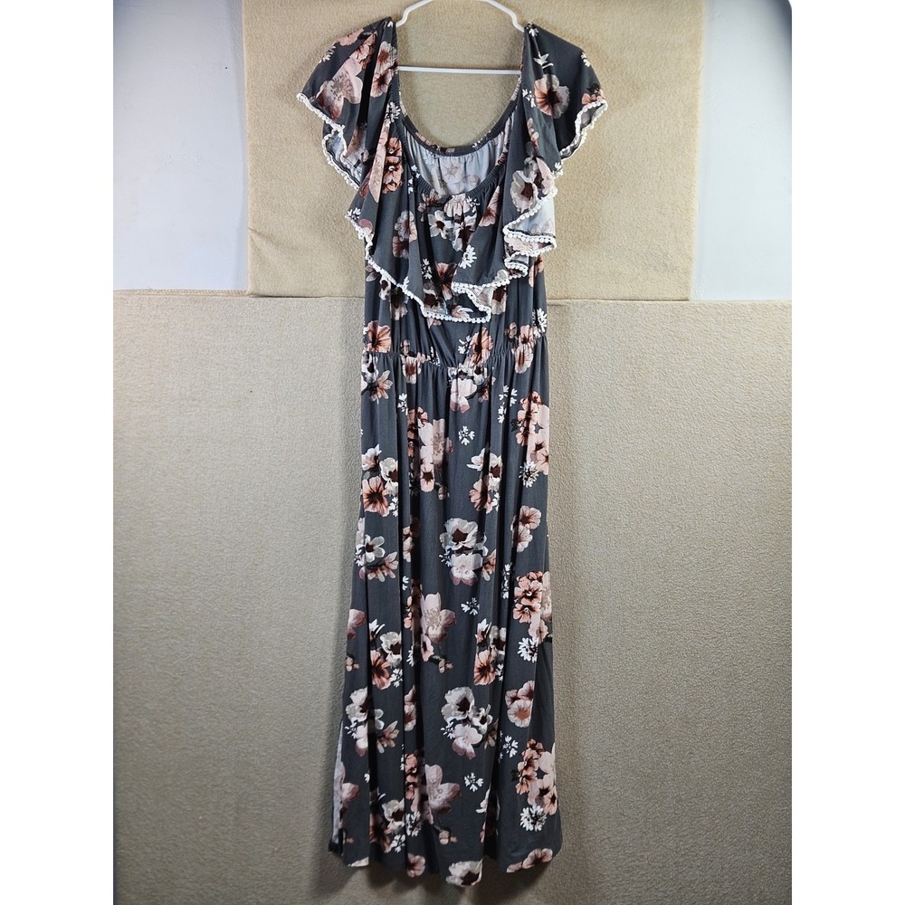 J for Justify Women's 3X Gray Floral Maxi Dress Ruffle Pom Pom Side Slit Boho